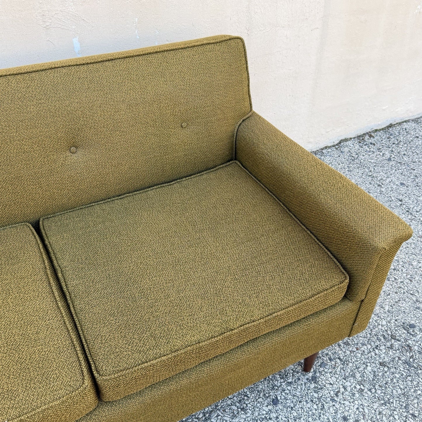 Vintage Mid Century Modern Greenish Brown Tufted 82" Sofa Couch w/ Walnut Legs