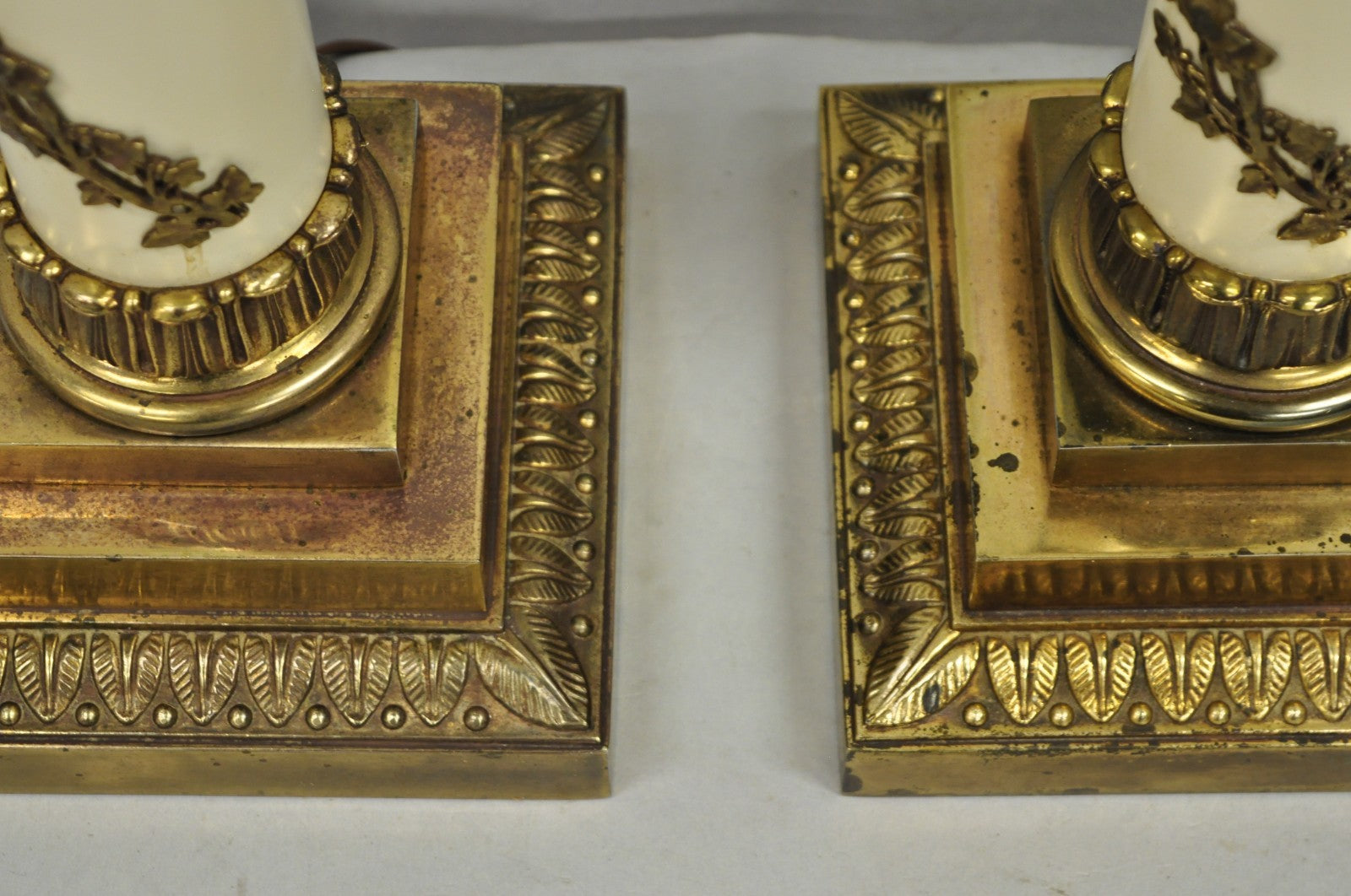 Vintage Stiffel Neoclassical Tall White Enamel Column Brass Table Lamps - a Pair