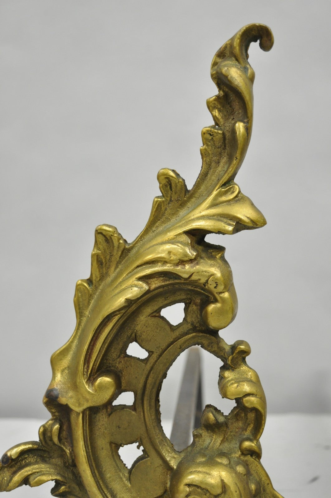 Vintage French Rococo Style Small Brass Bronze Acanthus Leaf Andirons - a Pair