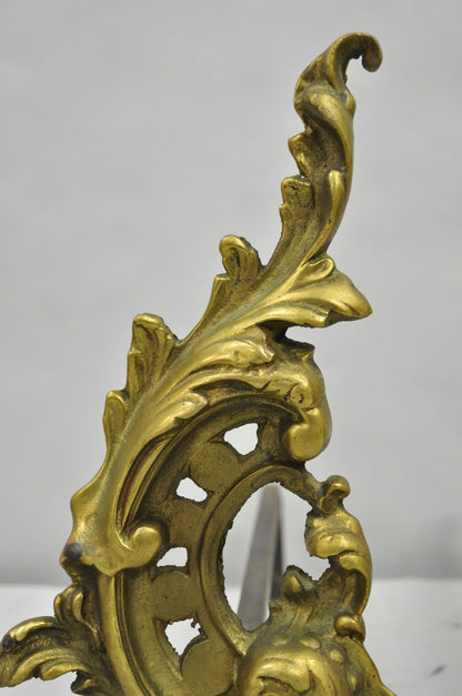 Vintage French Rococo Style Small Brass Bronze Acanthus Leaf Andirons - a Pair