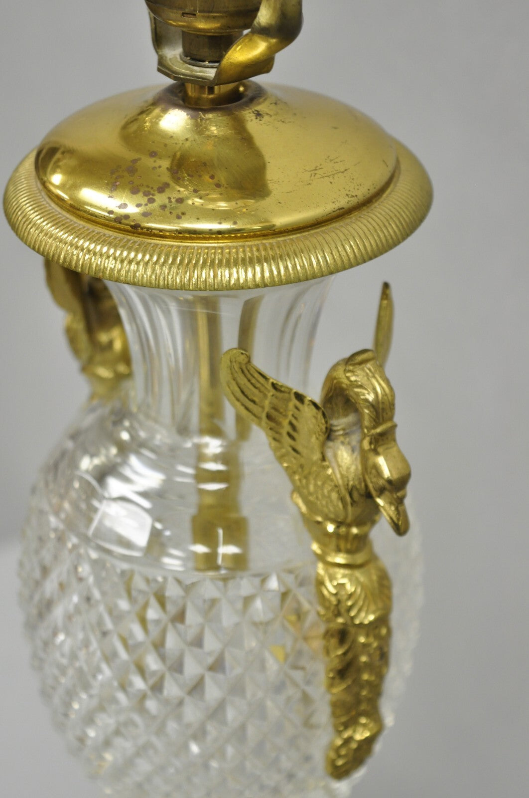 French Empire Regency Baccarat Style Glass Crystal Urn Table Lamp w/ Brass Swans