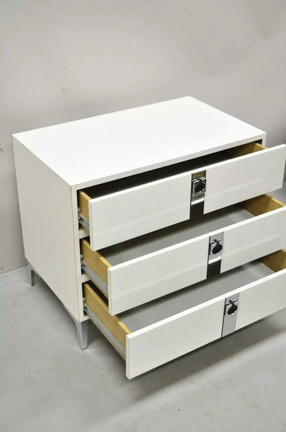 Contemporary Modern White Formica Chrome Trim 3 Drawer Chest Nightstand Table