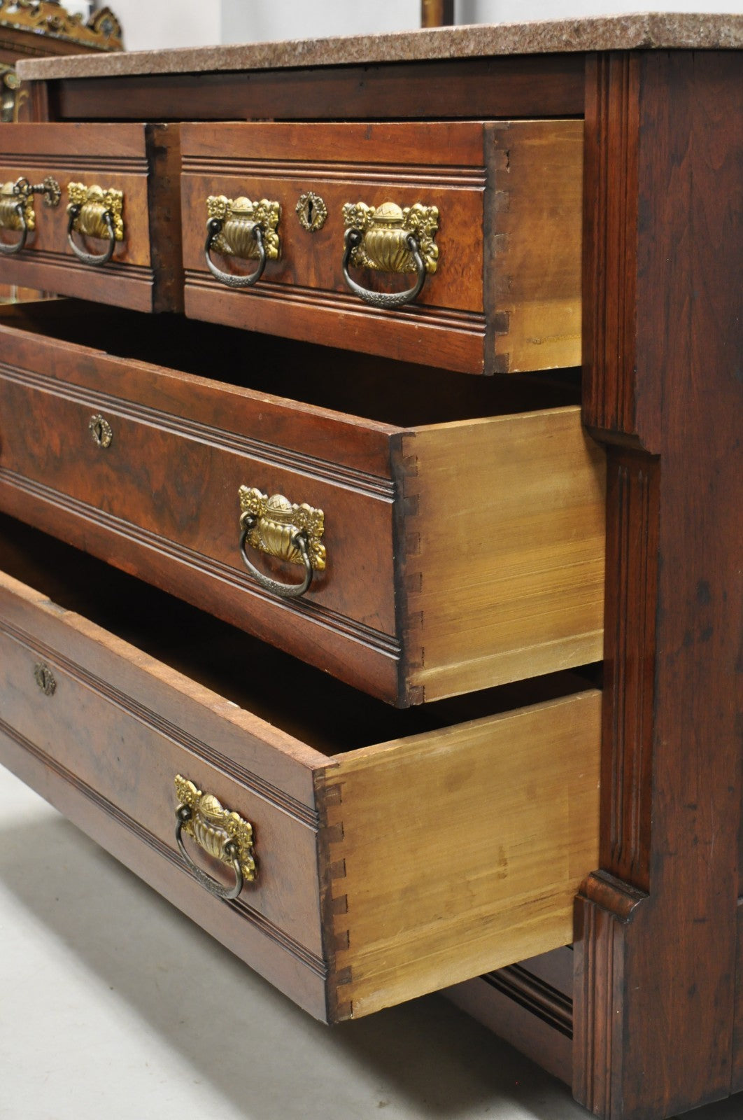 Antique Eastlake Victorian Burl Walnut Marble Top Washstand Dresser w/ Mirror
