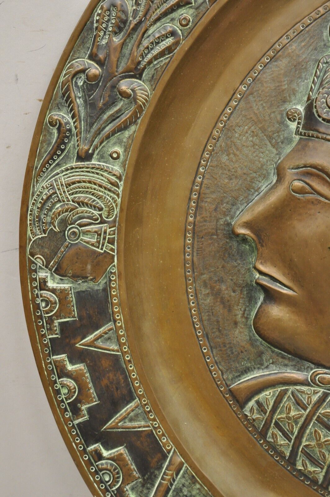 Vtg Copper Relief Figural Mexican Aztec Warrior Large Wall Plaque Charger Tray