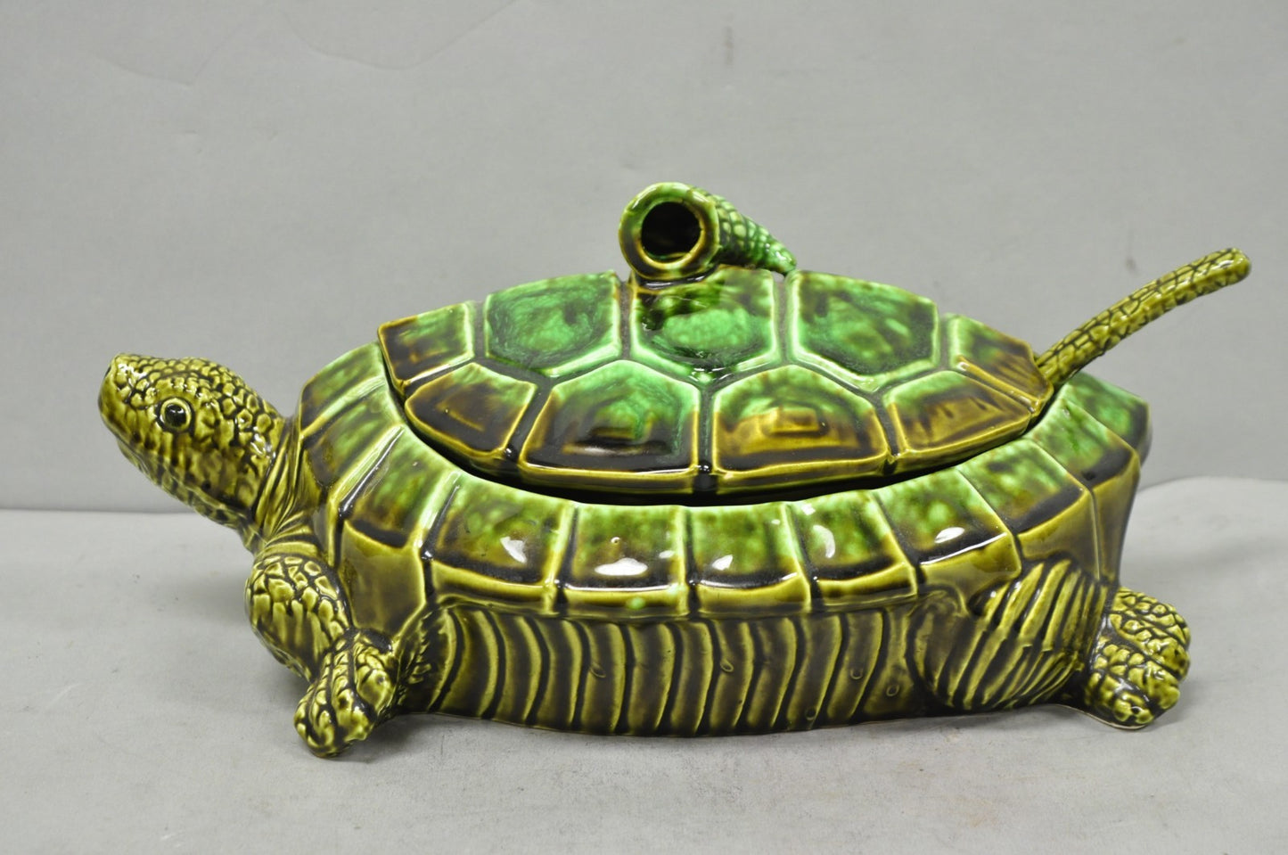Vintage Tilso Japan Mid Century Modern Green Ceramic Figural Turtle Soup Tureen