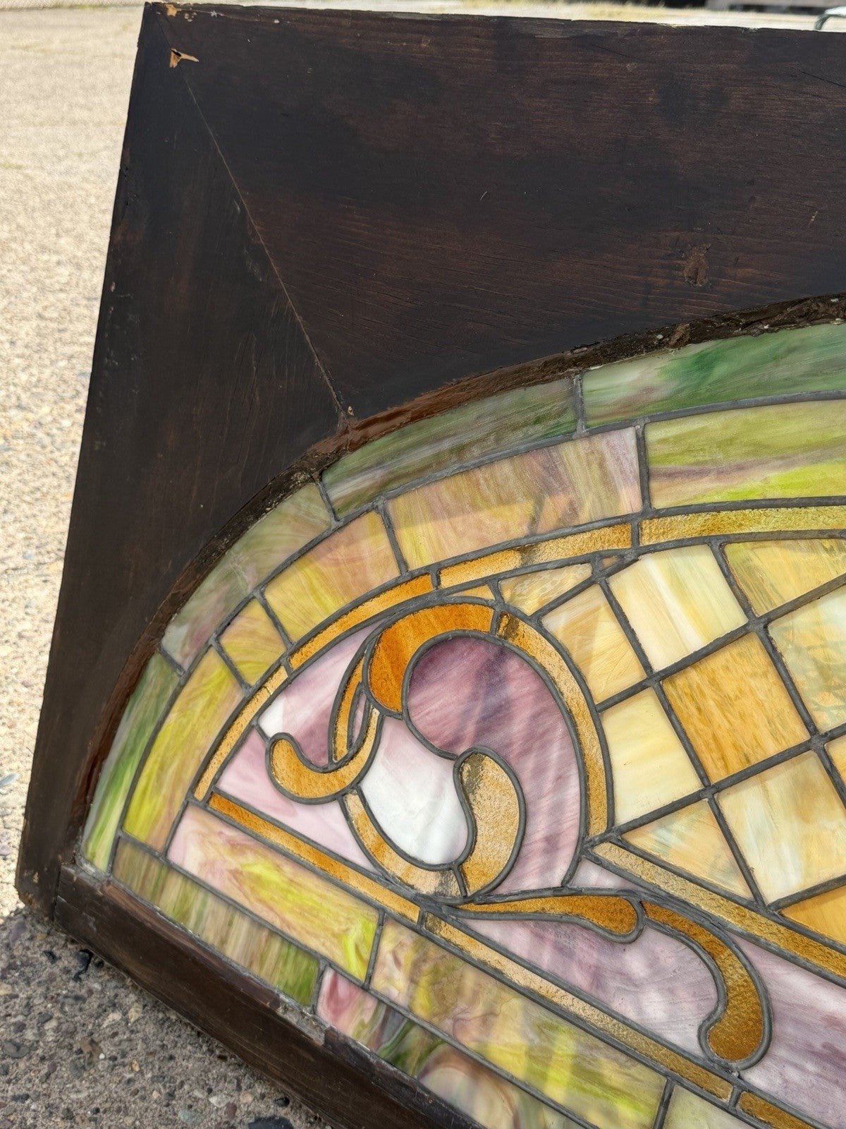 Antique Art Nouveau Colored Stained Glass Fruit 27 x 75 Arched Transom Window, A