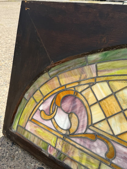 Antique Art Nouveau Colored Stained Glass Fruit 27 x 75 Arched Transom Window, A