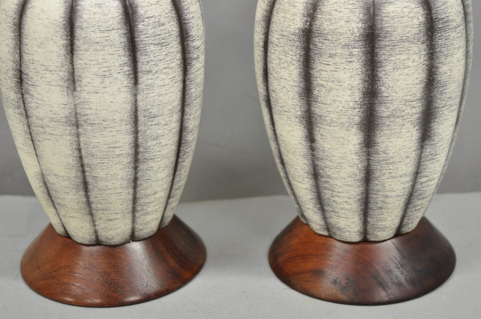 Vintage Mid Century Modern Walnut & Ceramic Small Sculptural Table Lamps - Pair