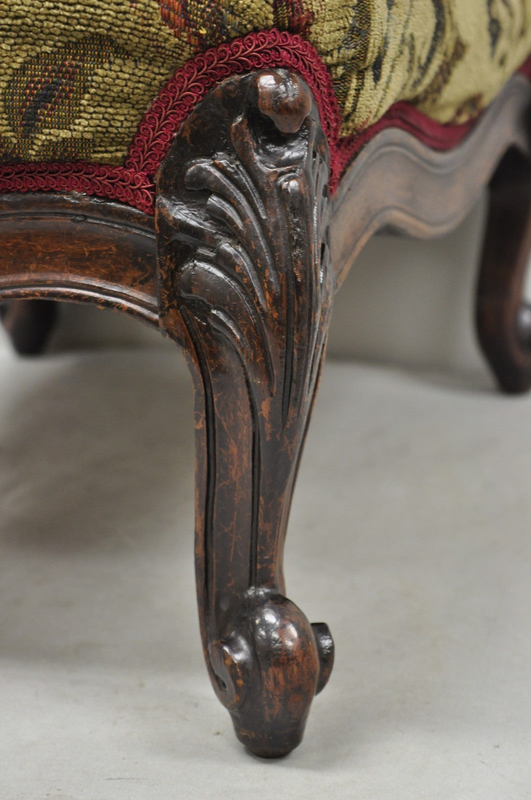 Antique French Louis XV Style Victorian Carved Mahogany Ottoman Footstool