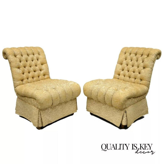 Hollywood Regency French Style Rolled Back Tufted Slipper Lounge Chairs - Pair