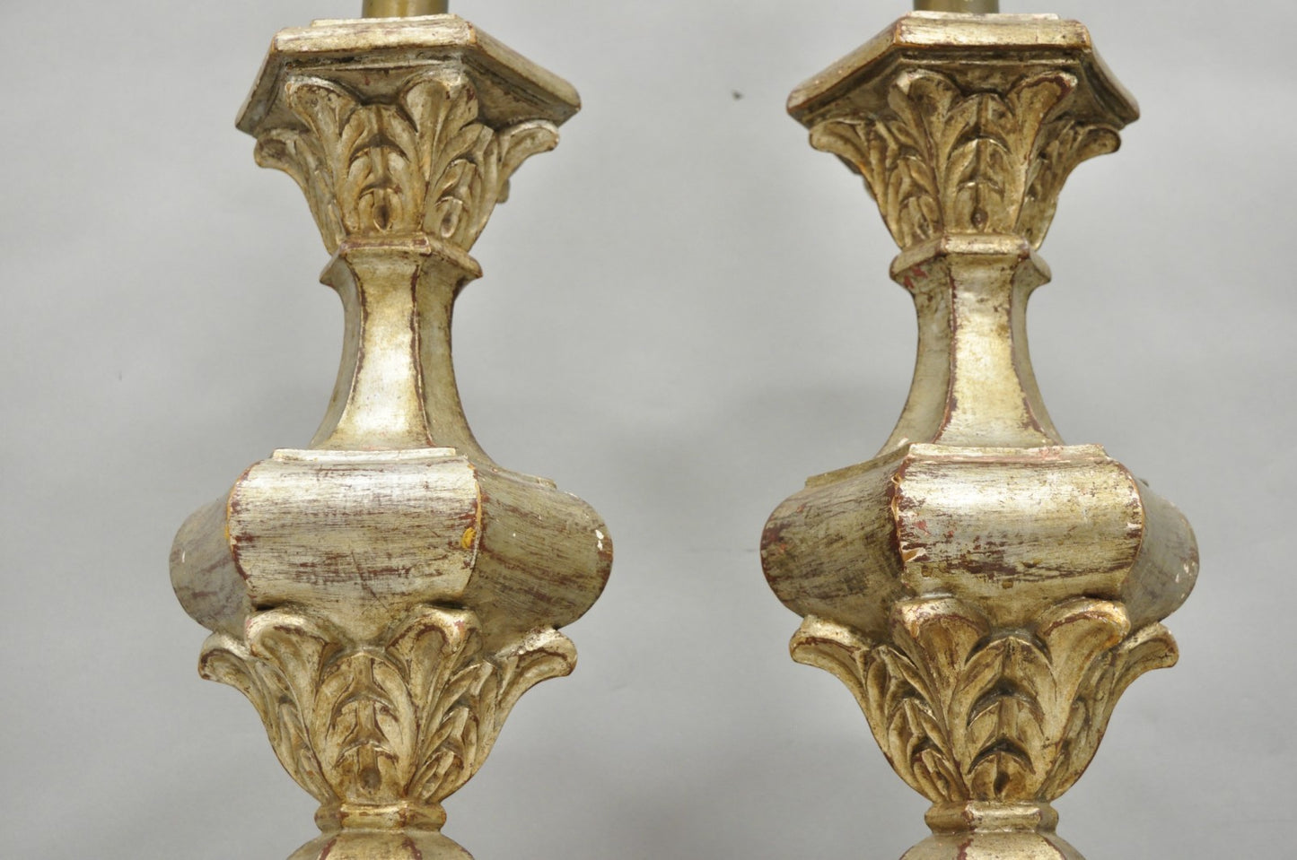Italian Hollywood Regency Silver Carved Giltwood Candlestick Table Lamps a Pair
