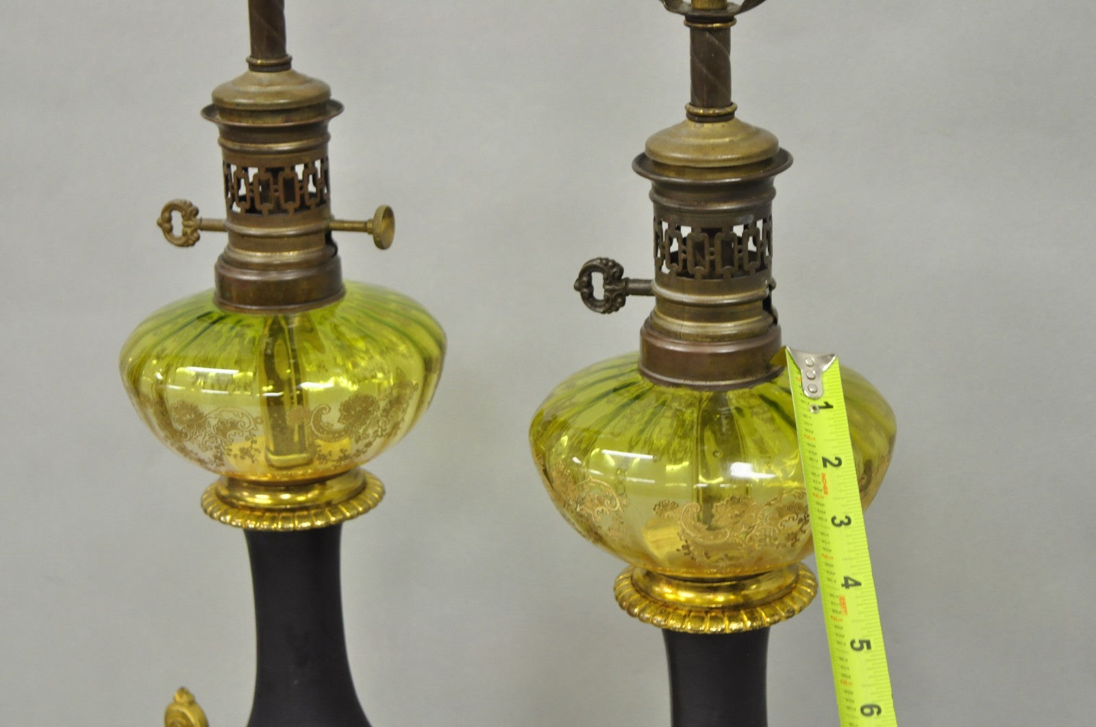 Antique Victorian French Black Porcelain Bronze Ormolu Oil Lamp Table Lamps Pair