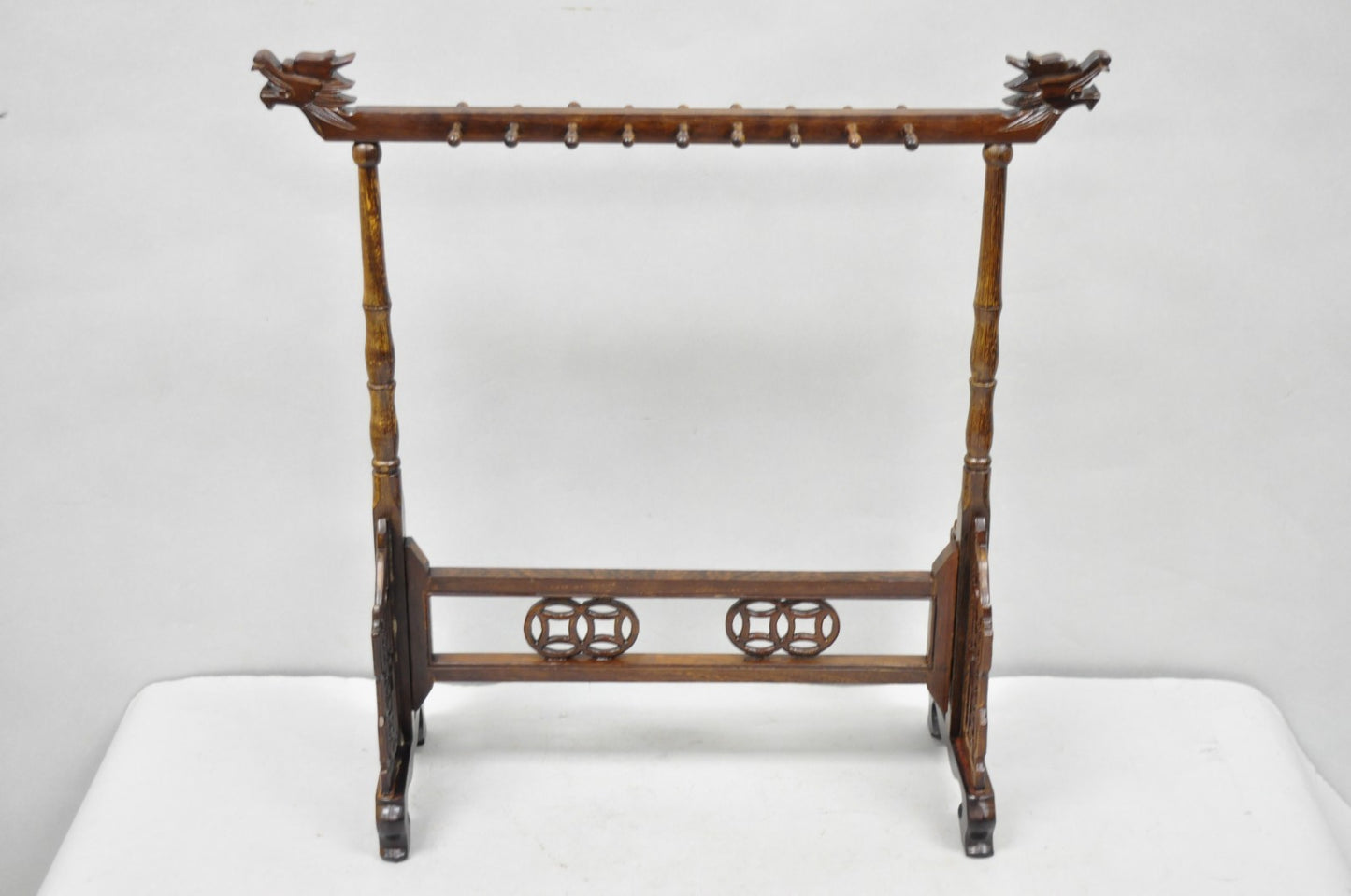 Chinese Carved Dragon Calligraphy Brush Pen Holder Rosewood Stand - a Pair