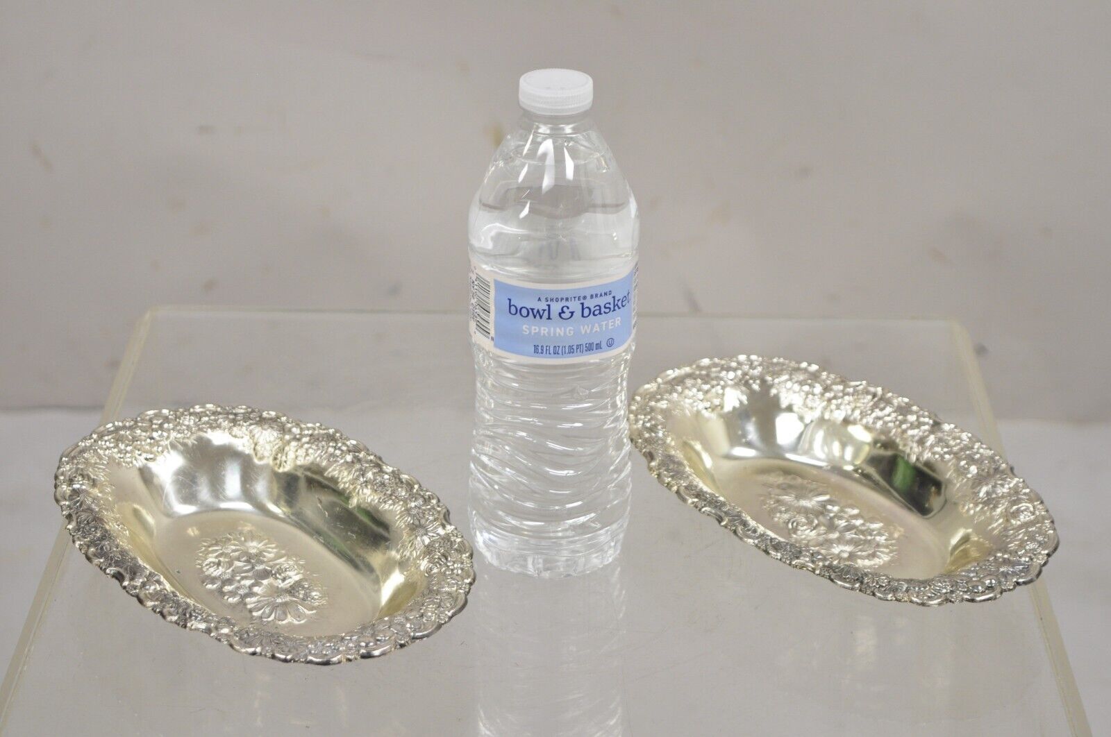 Vintage Victorian Silver Plated Floral Repousse Trinket Dish Japan - a Pair