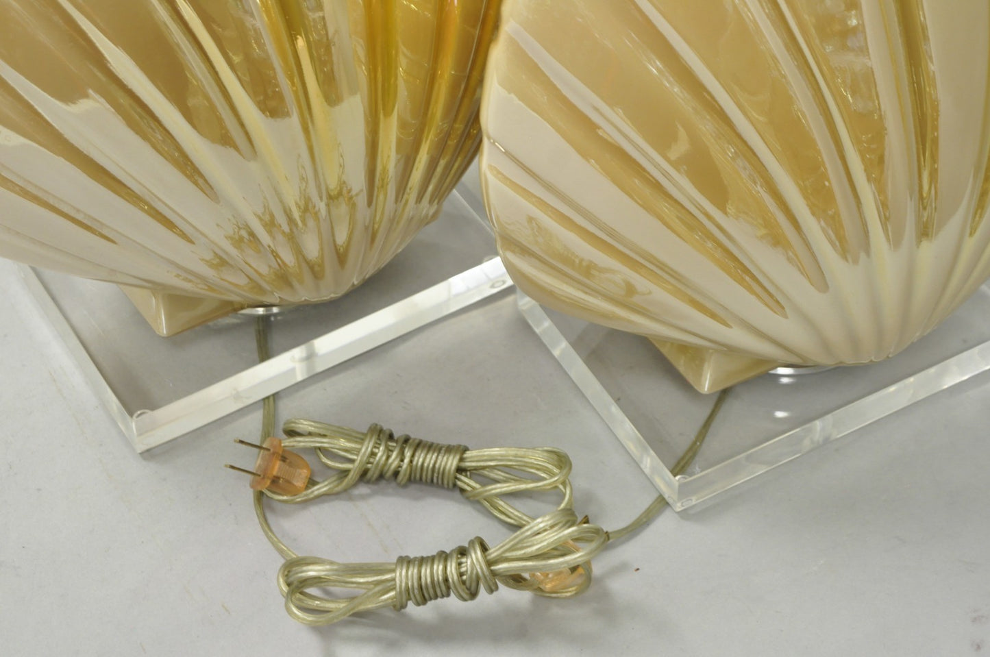 Mid Century Modern Iridescent Gold Ceramic Pottery Clam Shell Table Lamp - Pair