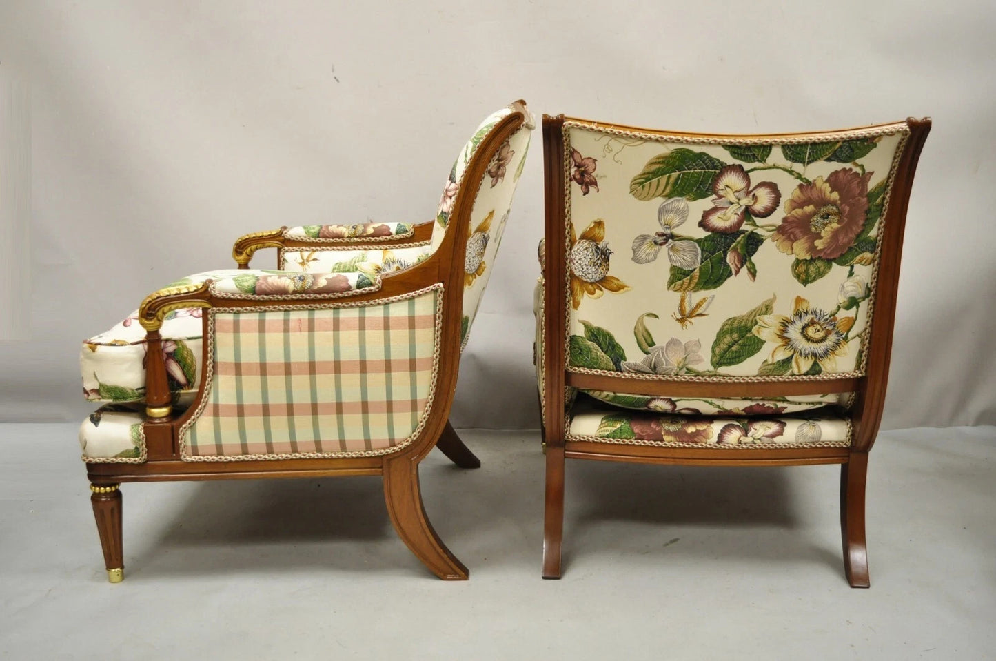 Vintage French Regency Style Floral Print Mahogany Bergere Lounge Chairs - Pair