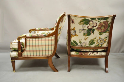 Vintage French Regency Style Floral Print Mahogany Bergere Lounge Chairs - Pair