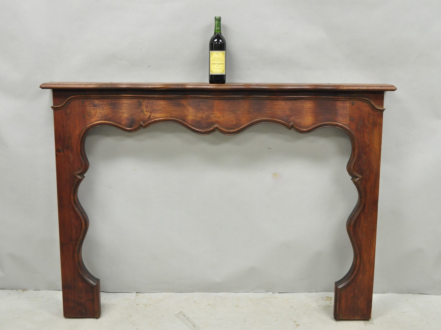 Antique Italian Provincial Carved Serpentine Scalloped Walnut Fireplace Mantel