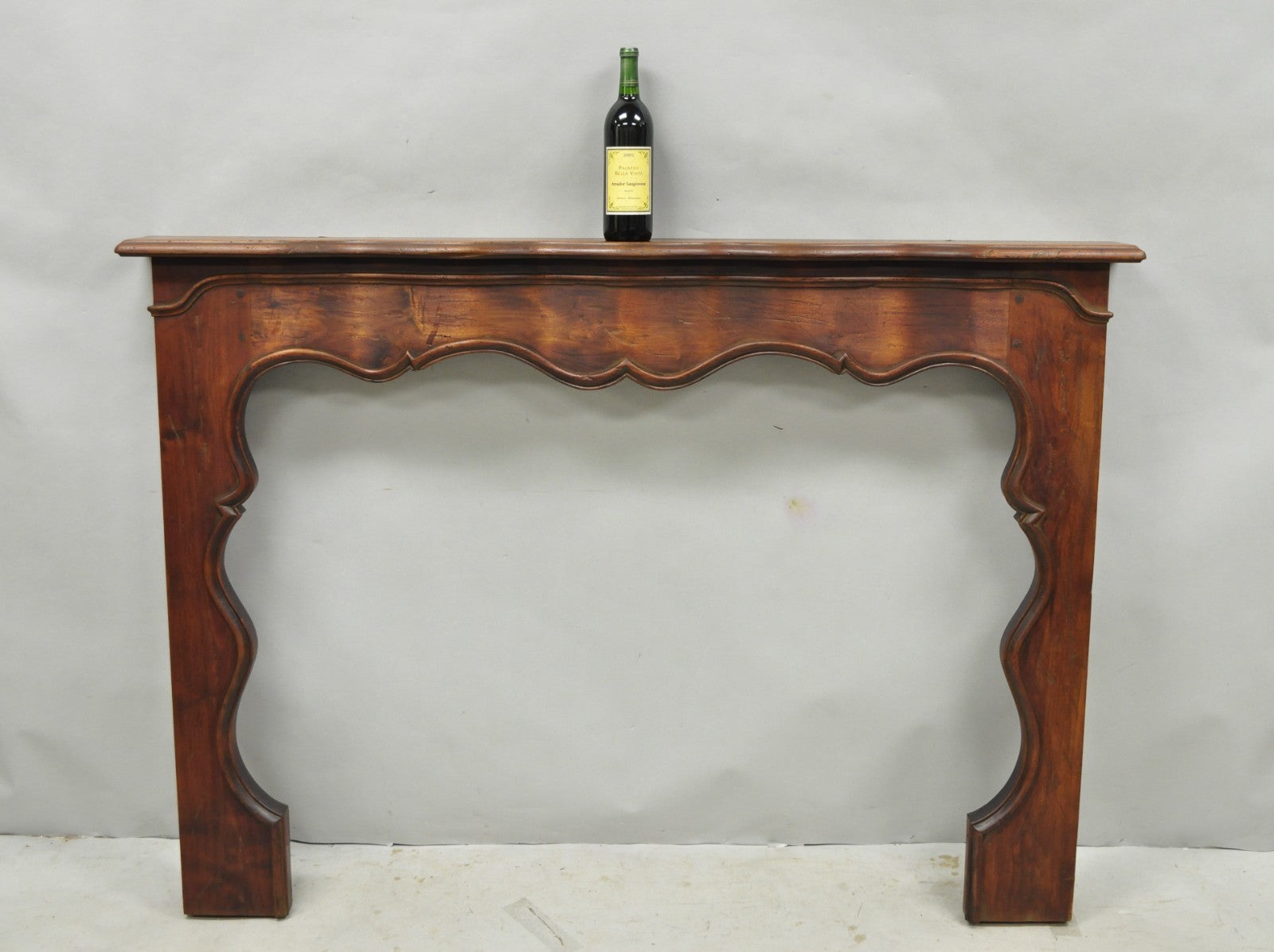 Antique Italian Provincial Carved Serpentine Scalloped Walnut Fireplace Mantel