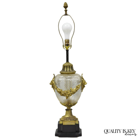 Antique French Neoclassical Bronze Lion Ormolu Diamond Cut Glass Urn Table Lamp