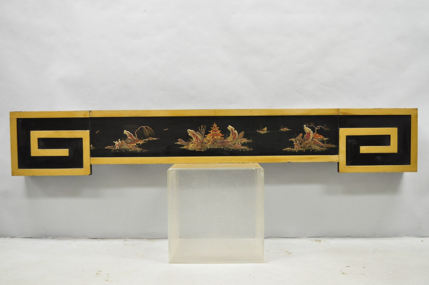 Vintage Chinoiserie Oriental Black Lacquer & Gold Greek Key 77" Window Valance