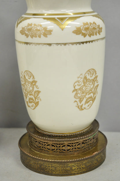 Vintage Victorian Cream & Gold Gilt Porcelain Table Lamps attr Lenox - a Pair