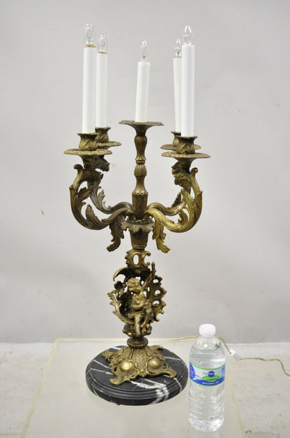 Vintage French Rococo Style Figural Cherub Brass & Marble Candelabra Table Lamp