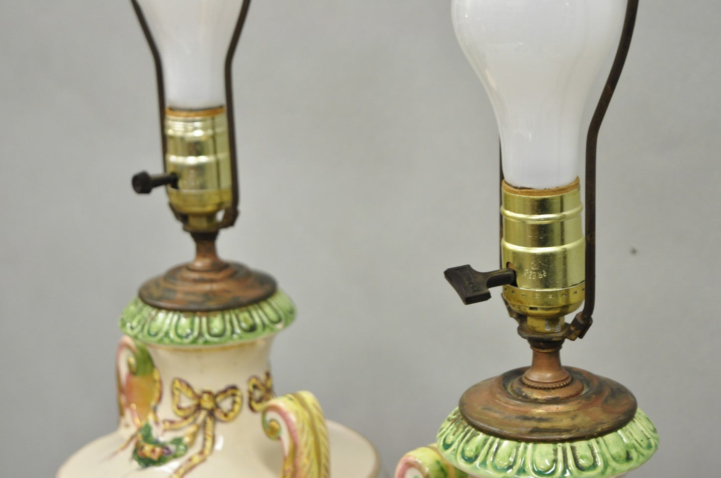Antique Italian Capodimonte Ceramic Porcelain Figural Urn Table Lamps - a Pair