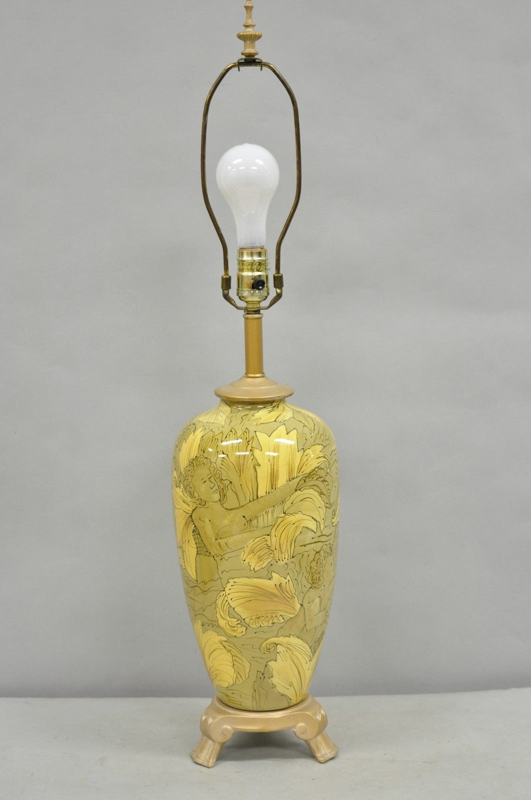 Contemporary Art Nouveau Revival Yellow Glass Jardiniere Table Lamp w/ Figures