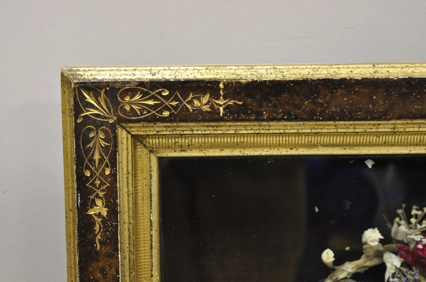 Antique Victorian Wax Flower Floral Mourning Wreath Shadow Box Wall Frame Oddity