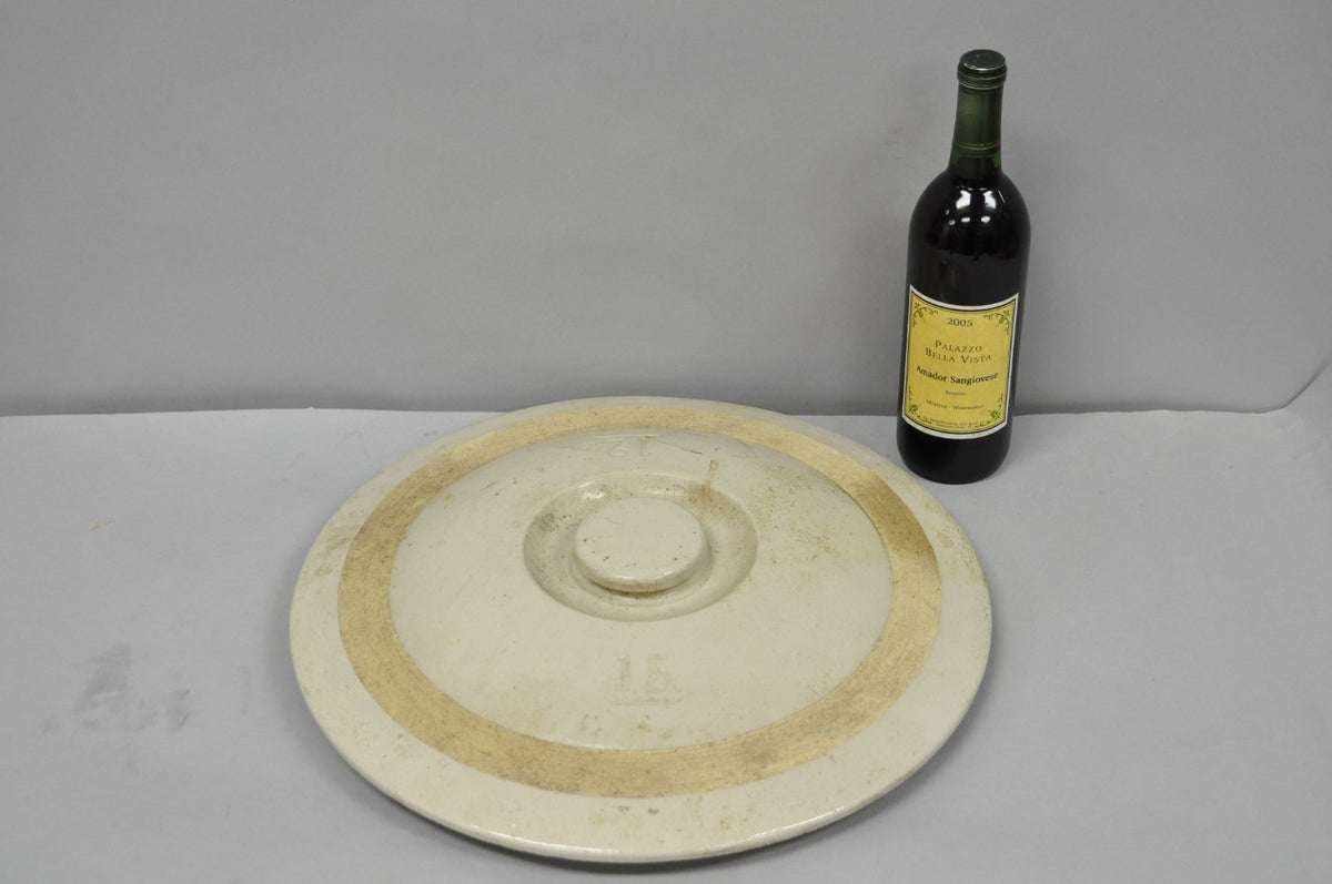 Antique American Primitive Salt Glazed Ceramic 15 Gallon Crock Pot Lid Cover