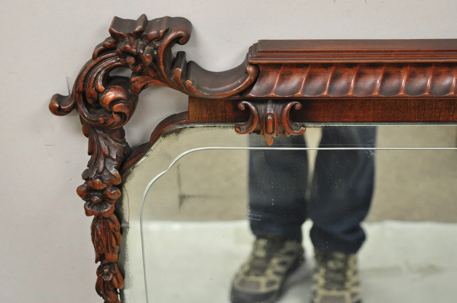 Vintage Chinese Chippendale Carved Mahogany Pagoda Frame Large Wall Mirror