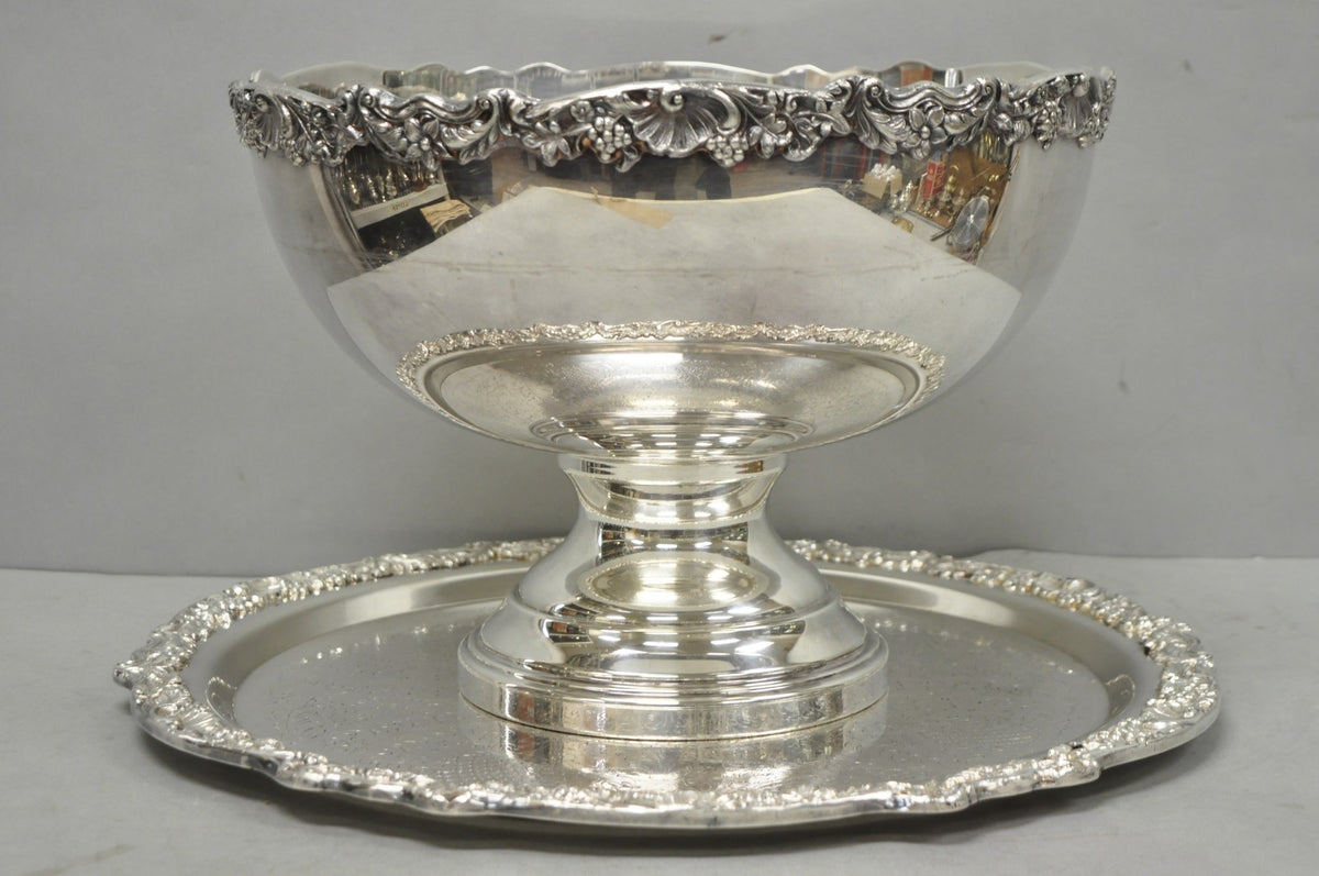 Vintage FB Rogers 5614 Victorian Silver Plated Punchbowl w/ Round Tray, 2 Pc Set
