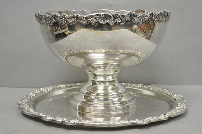 Vintage FB Rogers 5614 Victorian Silver Plated Punchbowl w/ Round Tray, 2 Pc Set