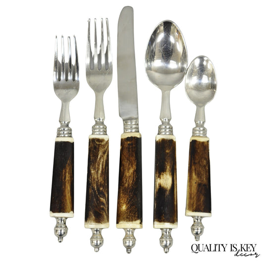 Vintage Hollywood Regency Faux Horn Handle Silver Flatware (5 pc) Set Svc for 12