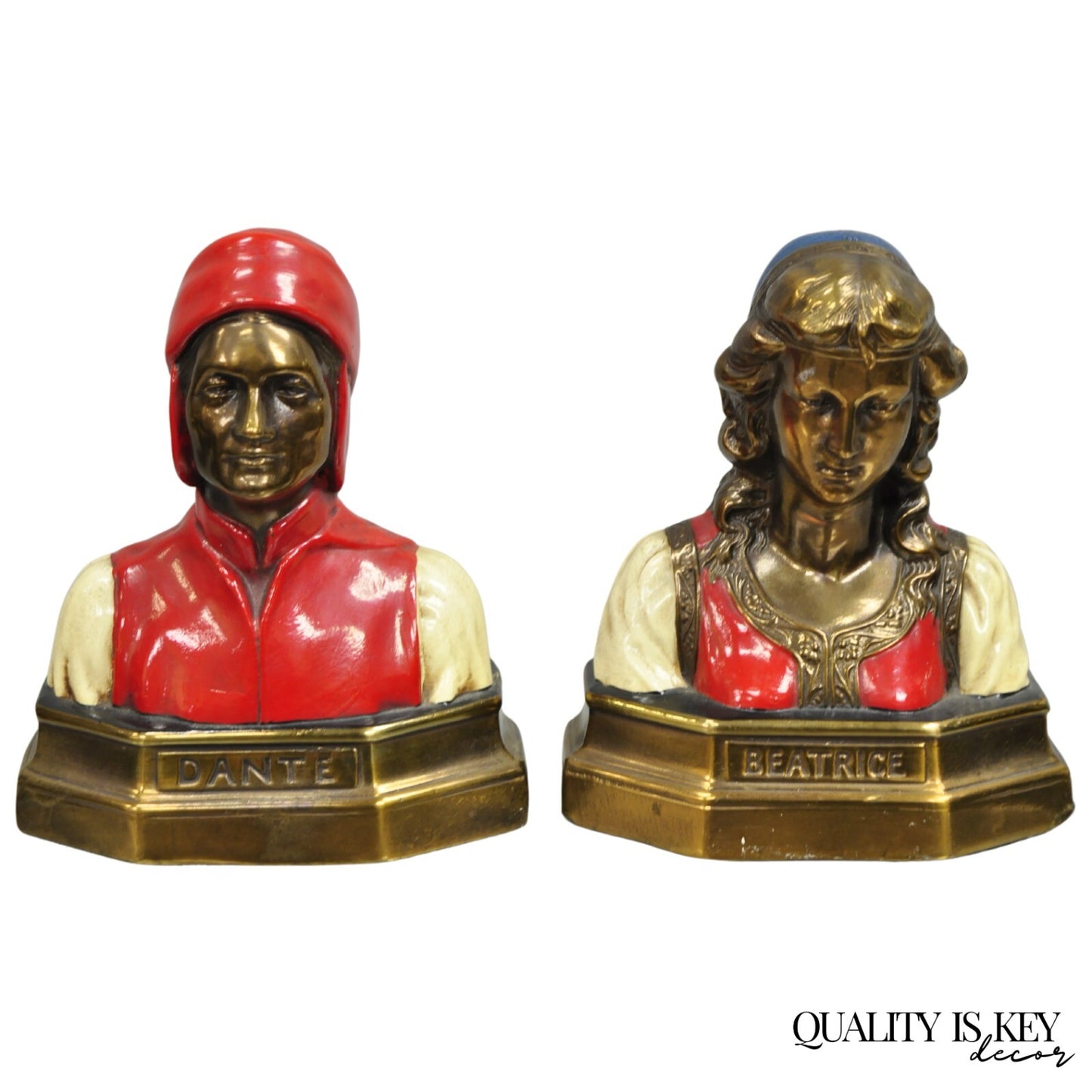 Antique Dante & Beatrice Painted Figural Bronze Bust Bookends - a Pair