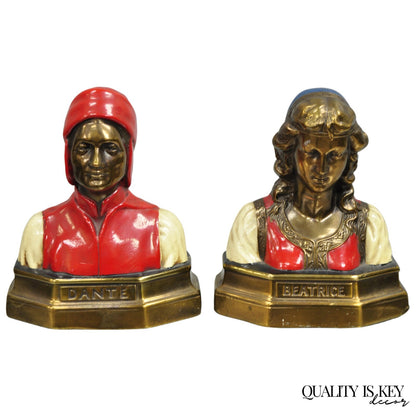 Antique Dante & Beatrice Painted Figural Bronze Bust Bookends - a Pair