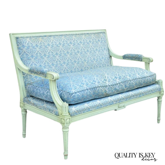 Vintage French Louis XVI Style Hollywood Regency Green Blue Settee Loveseat Sofa
