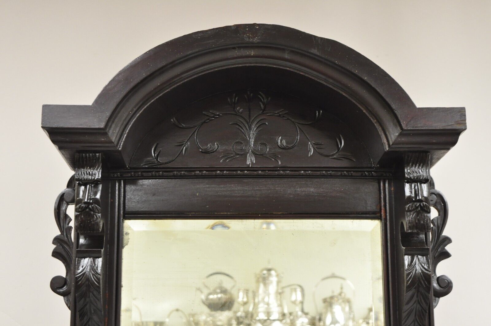 Antique Victorian Carved Walnut Tall Hall Entryway Pier Mirror with Figures