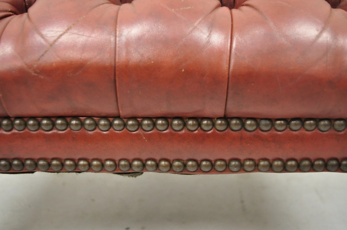 Vintage English Chesterfield Queen Anne Brown Leather Tufted Ottoman Footstool