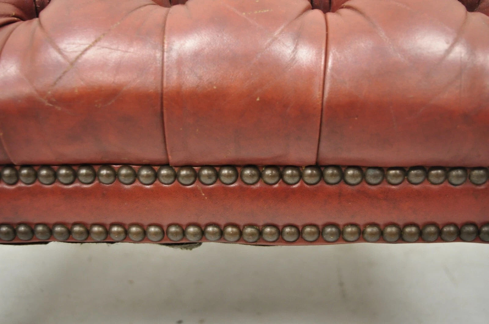 Vintage English Chesterfield Queen Anne Brown Leather Tufted Ottoman Footstool