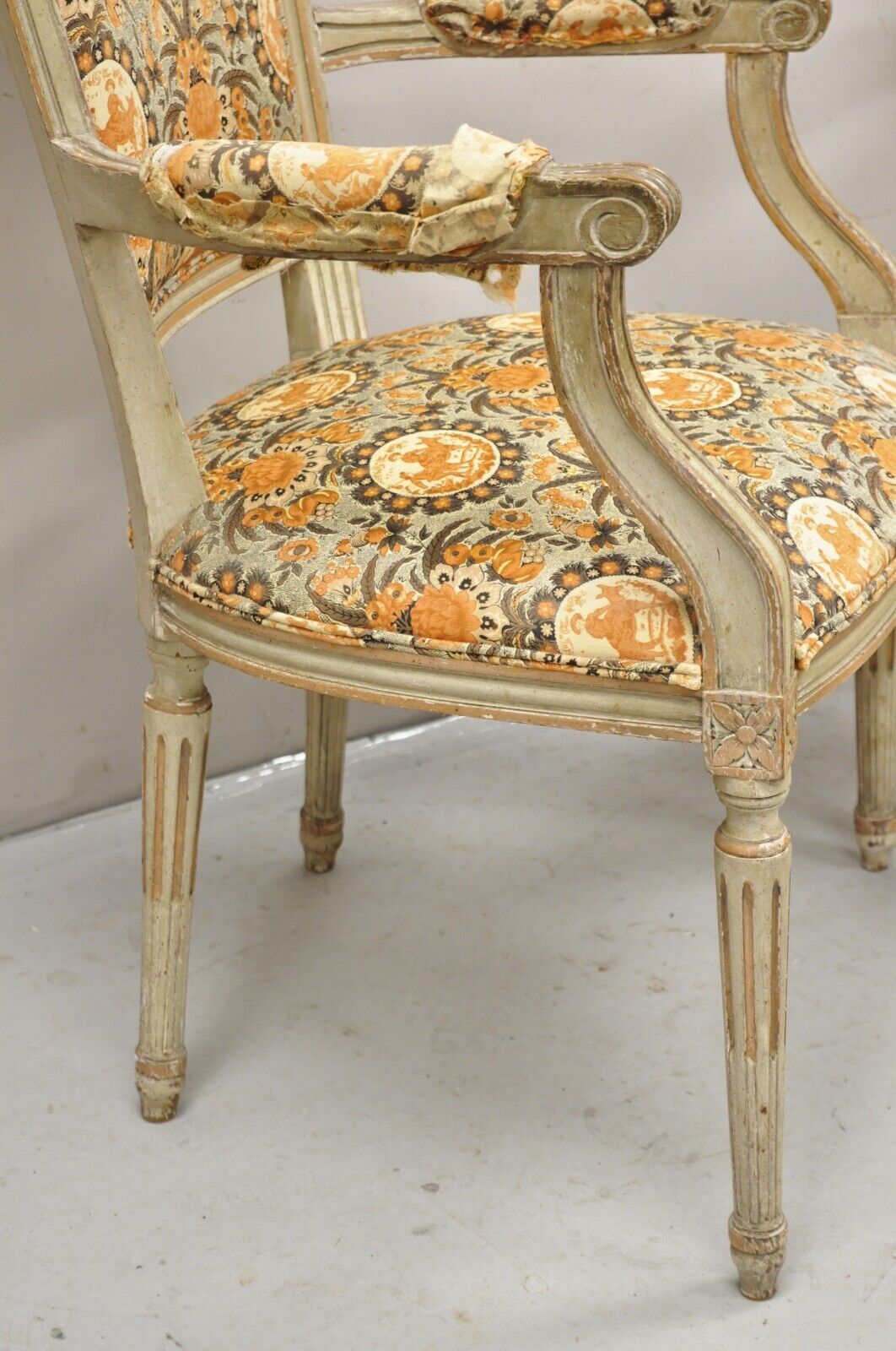 Antique French Louis XVI Style Distressed Cream Painted Fauteuil Arm Chairs Pair