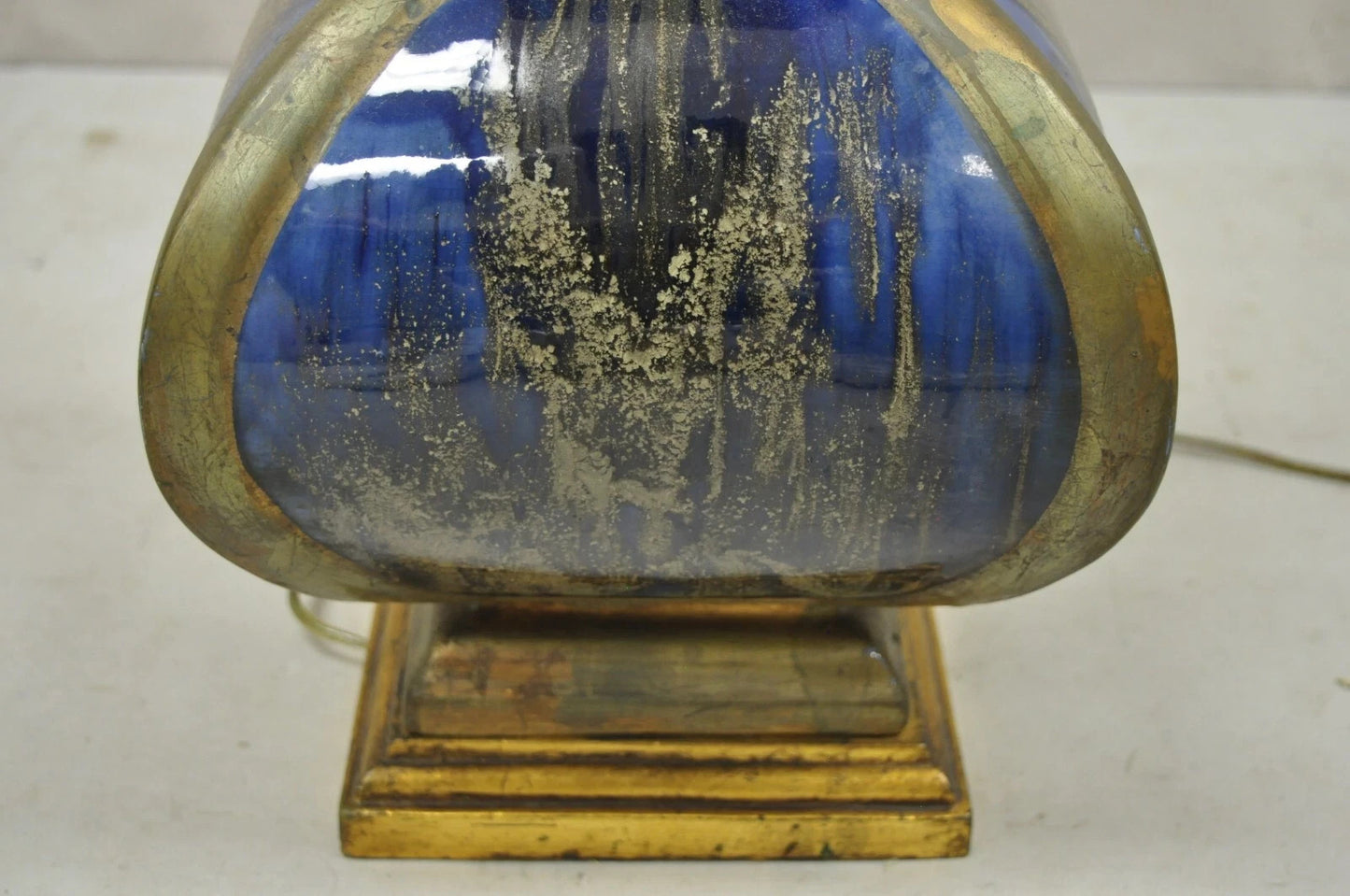 Vintage Mid Century Modern Blue Drip Glazed Sculpted Ceramic Pottery Table Lamp