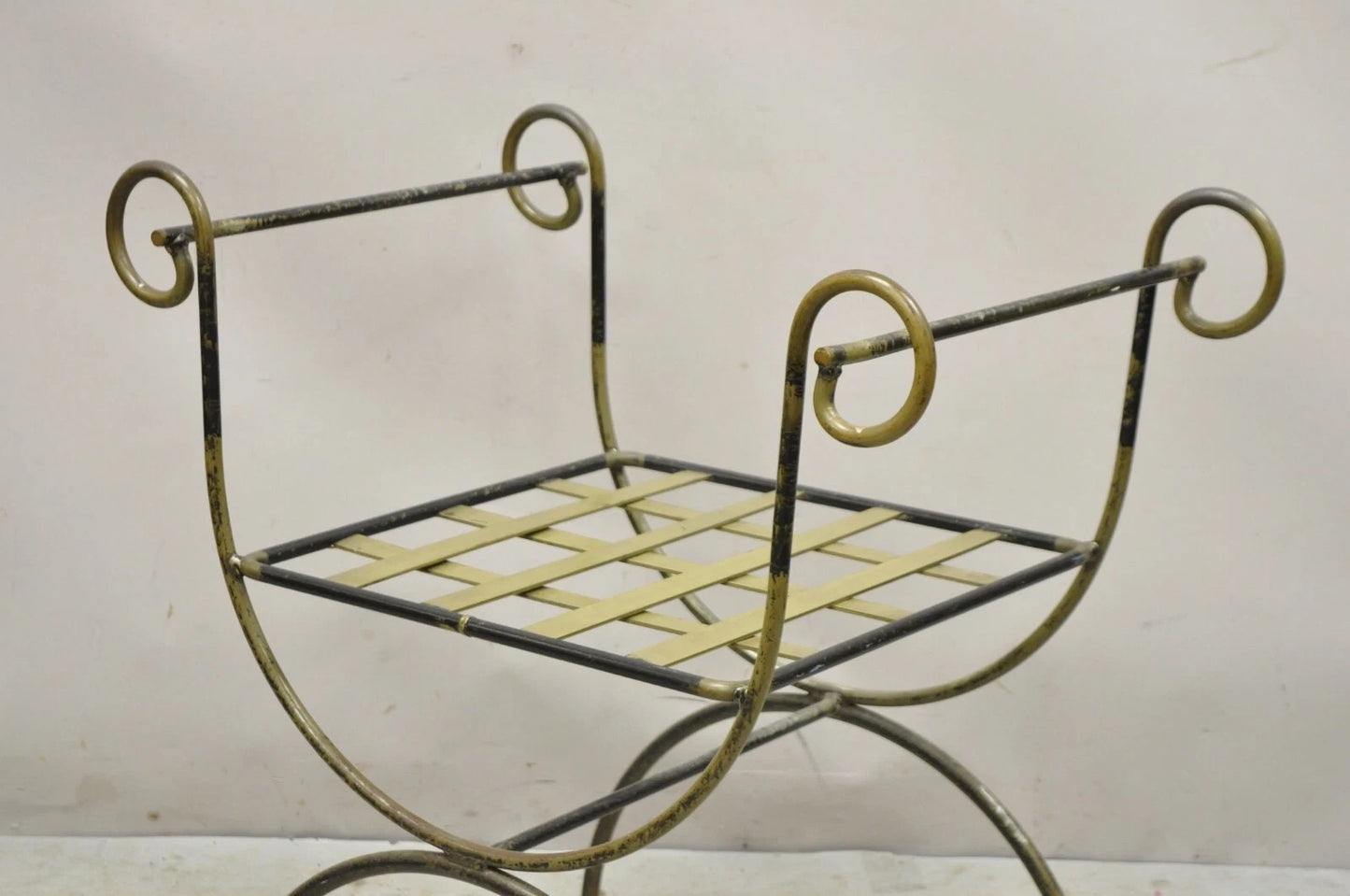 Vintage Neoclassical Style Wrought Iron Curule Savonarola X-Form Bench Chair