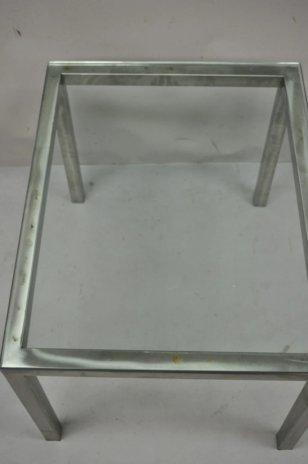 Mid Century Modern Brushed Metal Glass Top Milo Baughman Style Side Table
