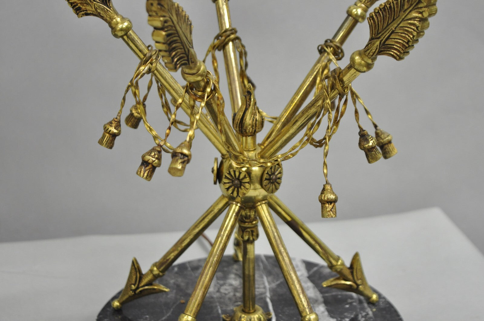 Vintage French Neoclassical Brass "Arrow" Marble Candelabra Table Lamps - a Pair