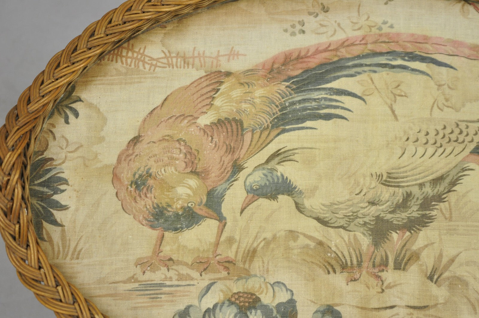 Antique French Victorian Wicker Pheasant Bird Tapestry Oval Bar Serving Tray