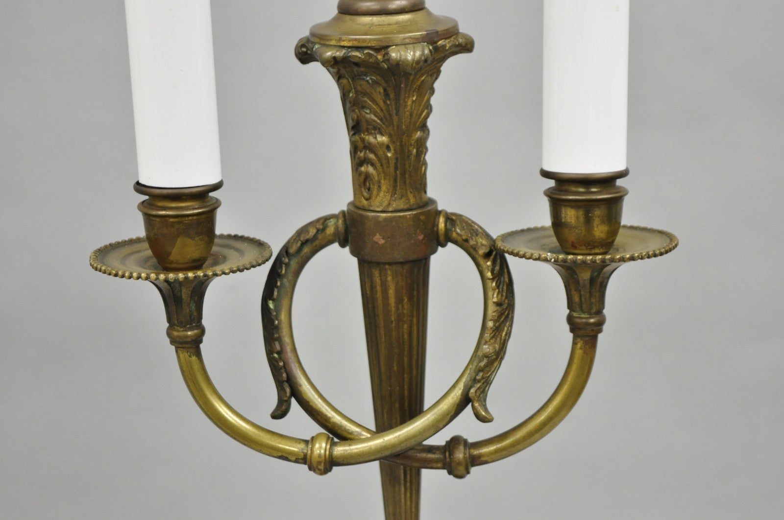Antique French Neoclassical Bronze Torch & Trumpet Arm Marble Base Table Lamp