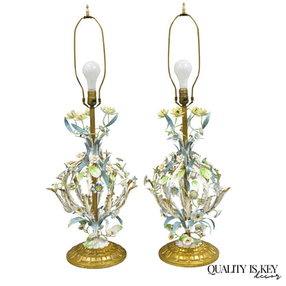 Vintage Italian Hollywood Regency Iron Tole Metal Painted Flower Table Lamp Pair