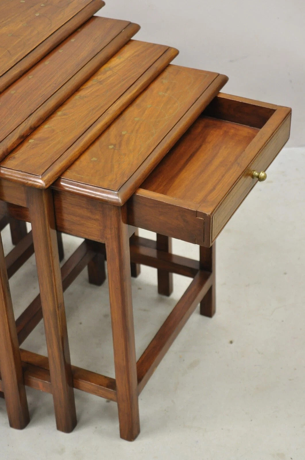 Antique Anglo Indian Brass Marquetry Inlay Nesting Side End Tables - Set of 4